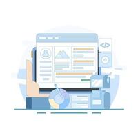 illustration of artificial intelligence building a website without code, website design and web development with artificial intelligence technology, AI website builder. cartoon illustration. vector