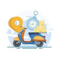 Fast Delivery Concept using scooter. Online business delivery with courier. Mobile online map navigation. Scooter with Stopwatch and pin. Flat style design illustration on background. vector