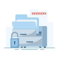 Online Storage Concept, storing Files and folders on online server, Safer online storage space, document files, management files, secure database, Flat cartoon illustration in background. vector