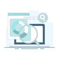 Illustration of Laptop with data analysis tools. Marketing campaign analysis, Website traffic data analysis, SEO report with data graphs and charts, Data analysis software. Flat illustration. vector