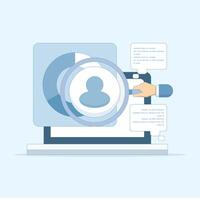 Marketing analysis and development concept. Getting to know customers better. Using a magnifying glass to view customer reviews. Business statistics graph analysis. Flat design. vector