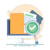 Document Verification Implementation Concept. identification or job consultation in business. document inspection assessment, Document with Magnifying Glass and Check Mark. flat cartoon illustration. vector