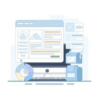 illustration of artificial intelligence building a website without code, website design and web development with artificial intelligence technology, AI website builder. flat design illustration. vector