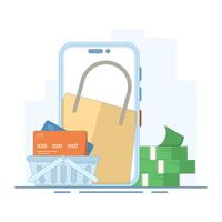 E-commerce concept. Computer and shopping bag are symbols of online shopping. E-commerce online shopping via mobile phone. Making purchases using mobile applications. Design illustration. vector