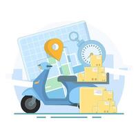 Fast Delivery Concept using scooter. Online business delivery with courier. Mobile online map navigation. Scooter with Stopwatch and pin. Flat cartoon illustration on background. vector