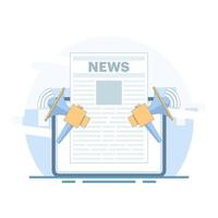 breaking news concept. reading news online using an app on a device. Newspaper on a mobile phone. urgency and attention. marketing, and advertising. Flat design illustration on a background. vector