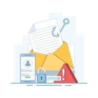 illustration of Personal Information Theft, Fishing Hook Email, Cyber Security Breach, Email Service Targeted by Cyber Attack. Password Hacking. Online Security. Flat Cartoon. vector
