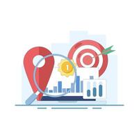 Store locator concept. Find profitable locations, strategic investments and ROI insights. online information search. device screen with local pin location and target. flat design illustration vector