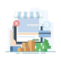 online shopping concept. add to cart and check out with mobile app, commerce, purchase and payment via mobile app. flat illustration on background. vector