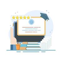 Distance learning concept, Online education discussion, Webinar training program, Online business training, Computer education. Online certification courses. Flat design illustration in the background vector