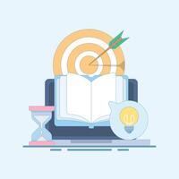 Self-development concept. Self-improvement. Self-study, online education, e-books, distance learning. Achieving goals to develop self-skills. Cartoon design illustration in the background. vector
