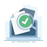 Document Verification Implementation Concept. identification or job consultation in business. document inspection assessment, Document with Magnifying Glass and Check Mark. flat design illustration. vector