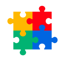 agrupado colorida enigma peças. quatro intertravamento enigma peças dentro amarelo, vermelho, verde, e azul, simbolizando conexão, Solução de problemas, e autismo conhecimento. autismo ícone. png