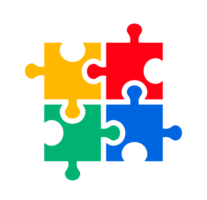 agrupado colorida enigma peças. quatro intertravamento enigma peças dentro amarelo, vermelho, verde, e azul, simbolizando conexão, Solução de problemas, e autismo conhecimento. png