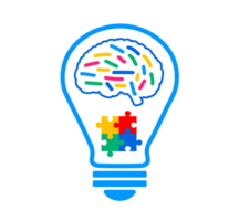 Idea light bulb with brain puzzle. A stylized blue light bulb with a colorful brain composed of puzzle pieces inside, symbolizing innovative ideas, intelligence, and neurological insight. png