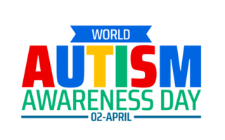 World Autism Awareness Day text graphic. Bold AUTISM text in red and blue, with World and AWARENESS DAY and 02 APRIL, symbolizing global autism awareness. png