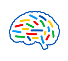 Brain outline with colorful segments. A blue outline of a human brain filled with colorful horizontal and diagonal bars, symbolizing neurology, cognitive diversity, or mental health. png