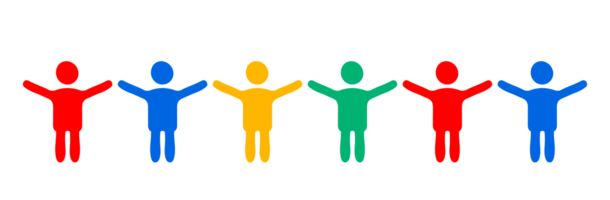 Diverse human chain unity. A colorful graphic of six stylized human figures in a chain, each a different color red, yellow, blue, green, symbolizing unity, diversity, and community. png