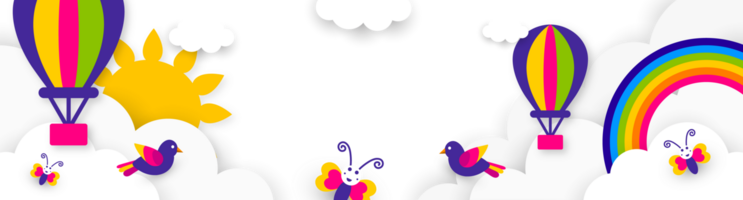 Summer landscape with hot air balloons and rainbow. A whimsical graphic depicting a partial view of a sunny sky with clouds, hot air balloons, and a rainbow, symbolizing summer, joy. png