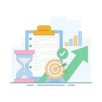 time management and development concept, target and goal achievement metaphor for productive work, self-control system development. Target and goal achievement metaphor. flat design illustration. vector