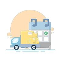 Delivery By Date Concept. Delivery schedule with trucks and calendar. Delivery tracking system receives data. Estimated delivery date on e-commerce site for customers to see. Cartoon design. vector