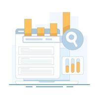 SEO optimization concept. Website SEO keyword optimization, Most popular searches. Trending topics. Website SEO, Top bar chart with search bar. Flat cartoon illustration in the background. vector