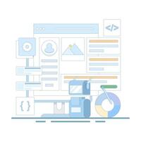 illustration of artificial intelligence building a website without code, website design and web development with artificial intelligence technology, AI website builder. flat illustration. vector