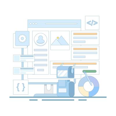 illustration of artificial intelligence building a website without code, website design and web development with artificial intelligence technology, AI website builder. flat illustration.