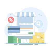 online shopping concept. add to cart and check out with mobile app, commerce, purchase and payment via mobile app. flat cartoon design illustration on background. vector