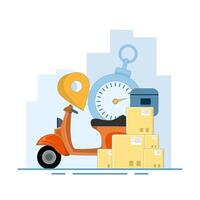 Fast Delivery Concept using scooter. Online business delivery with courier. Mobile online map navigation. Scooter with Stopwatch and pin. Flat design illustration on background. vector