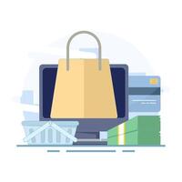 E-commerce concept. Computer and shopping bag are symbols of online shopping. E-commerce online shopping via mobile phone. Making purchases using mobile applications. Cartoon illustration. vector
