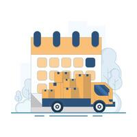 Delivery By Date Concept. Delivery schedule with trucks and calendar. Delivery tracking system receives data. Estimated delivery date on e-commerce site for customers to see. Flat illustration. vector