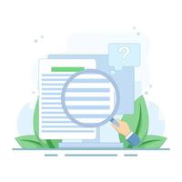 Knowledge Search Concept. Browse information and facts learned. case study, business information search, product feature analysis. Document with magnifying glass. cartoon design illustration. vector