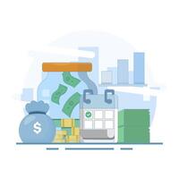 saving and investment concept. saving consistently. saving money. growth, investor, financial investment, dollar jar and calendar. saving regularly. flat cartoon design illustration in the background. vector