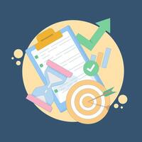 time management and development concept, target and goal achievement metaphor for productive work, self-control system development. Target and goal achievement metaphor. flat cartoon design. vector