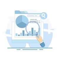 Illustration of Laptop with data analysis tools. Marketing campaign analysis, Website traffic data analysis, SEO report with data graphs and charts, Data analysis software. Flat design illustration. vector