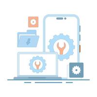 system maintenance, system errors and troubleshooting. System software is under maintenance. warning or maintenance. security or device that needs repair. flat cartoon design. vector
