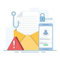illustration of Personal Information Theft, Fishing Hook Email, Cyber Security Breach, Email Service Targeted by Cyber Attack. Password Hacking. Online Security. Flat design illustration. vector