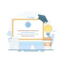 certification concept, skills training seminar, online class or webinar, course, distance learning, online certification course, online training program, e-book, online class. flat design. vector