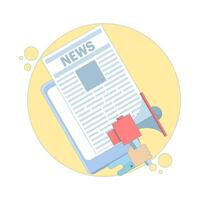 breaking news concept. reading news online using an app on a device. Newspaper on a mobile phone. urgency and attention. marketing, and advertising. Cartoon design illustration on the background. vector