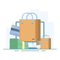 E-commerce concept. Computer and shopping bag are symbols of online shopping. E-commerce online shopping via mobile phone. Making purchases using mobile applications. Flat illustration. vector