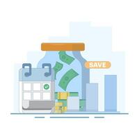 saving and investment concept. saving consistently. saving money. growth, investor, financial investment, dollar jar and calendar. saving regularly. flat design illustration in the background. vector