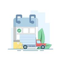 Delivery By Date Concept. Delivery schedule with trucks and calendar. Delivery tracking system receives data. Estimated delivery date on e-commerce site for customers to see. Design illustration. vector