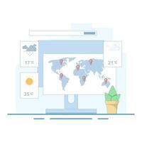 Online weather forecast concept. Weather with sun, clouds, thunderstorms, rain. Meteorology that studies and researches weather and climate conditions on earth. Meteorology science. cartoon design. vector