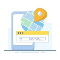 concept of finding location on map. Search Bar and Pin. GPS and Navigation Symbol. GPS Pointer Marker. Elements for Maps, Social Media, Mobile Apps. flat design illustration on background. vector
