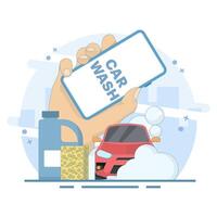 Car wash service smartphone app concept. Washing car with water and foam. The transport is clean. Flat and simple cartoon style. Design illustration in the background. vector