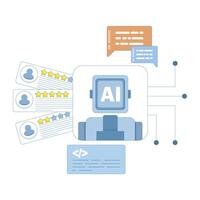 using AI to analyze feedback. analyzing customer reviews to improve product quality development. giving five-star reviews. using artificial intelligence for customer satisfaction. flat design. vector