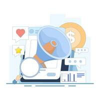 Concept of content creation and data analysis, content that can communicate with the audience. digital marketing, advertising and promotion. Flat cartoon design illustration on background. vector
