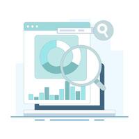 Illustration of Laptop with data analysis tools. Marketing campaign analysis, Website traffic data analysis, SEO report with data graphs and charts, Data analysis software. Design illustration. vector