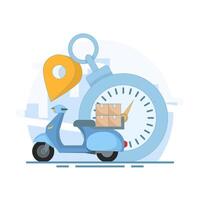 Fast Delivery Concept using scooter. Online business delivery with courier. Mobile online map navigation. Scooter with Stopwatch and pin. Flat cartoon design illustration on background. vector